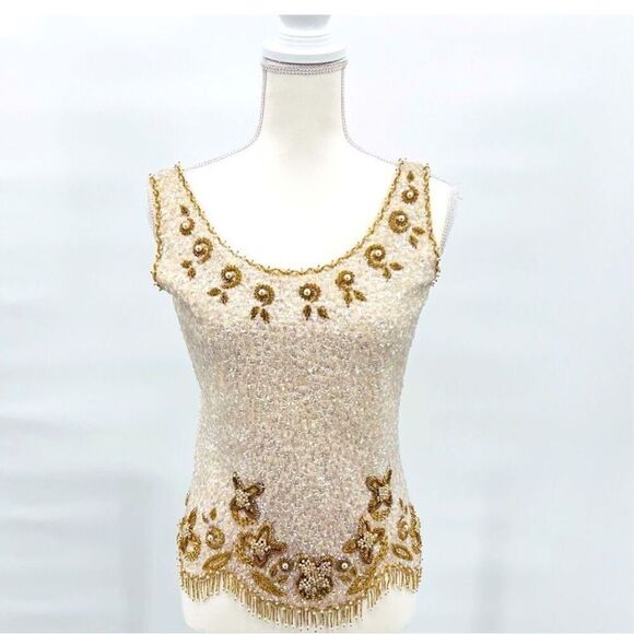 Vintage Top Tank Blouse Hand Beaded Gold Size M - Picture 7 of 13